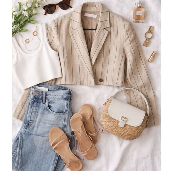 Astr Jackets & Blazers - ASTR Linen Blend Cropped Blazer Womens Medium Beige Striped Lightweight Jacket